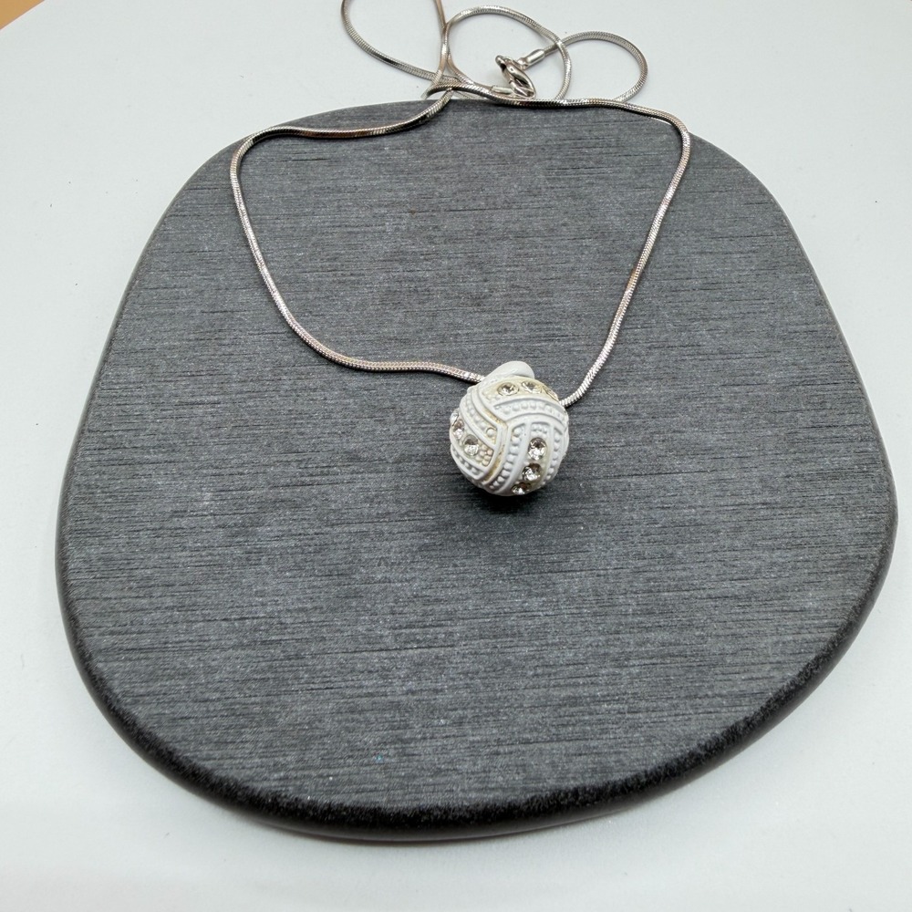 White Rhinestone Ball Pendant Necklace Silver Tone Snake Chain Statement Jewelry